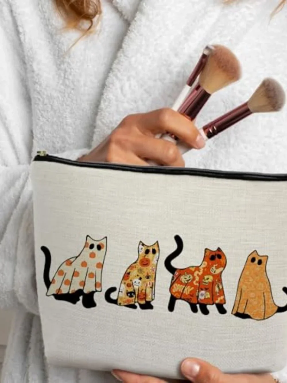 Linen Makeup Bag with Zipper - Waterproof Canvas Interior - Cat Lover Gift